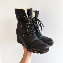 Load image into Gallery viewer, Sorel Joan of Arctic Wedge Shearling Waterproof Lace Up Snow Boots Black 9
