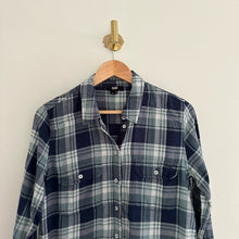 Load image into Gallery viewer, Paige Truddy Trellis Plaid Brushed Button Down Flannel Shirt Blue/Teal S
