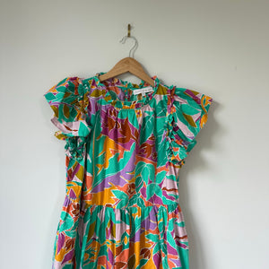 House Of Harlow 1960 Floral Print Flutter Sleeve Mini Dress Green Multi S