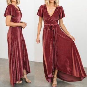 Baltic Born Andi Ribbed Velvet Short Sleeve Maxi Wrap Dress Dark Rose S