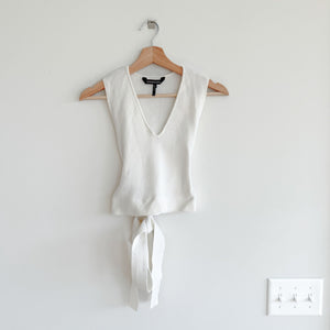 BCBGMaxAzria Ribbed V-Neck Long Sash Tie Waist Cropped Top White XS