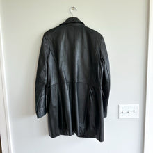 Load image into Gallery viewer, Nine West Genuine Leather Button Front Long Collared Trench Coat Black M
