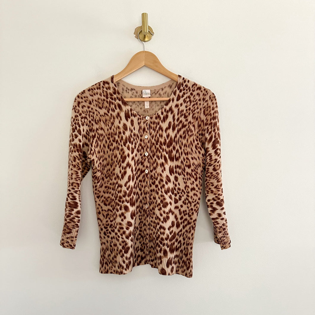 Aqua Cashmere Leopard Print Button Front Cardigan Sweater Brown M