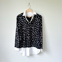 Load image into Gallery viewer, Chico&#39;s Foil Spotted Built-In Shirt Knit Pullover Collared Sweater Black L NWT
