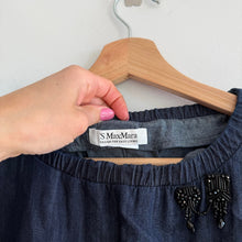 Load image into Gallery viewer, 'S Max Mara Chambray Puff Sleeve Beaded Brooch Mini Dress Denim Blue 12
