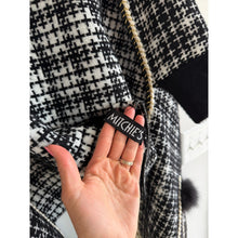 Load image into Gallery viewer, Mitchie's Tweed Knitted Gold Detail Pockets Fox Trim Wrap Black White OS NWT
