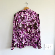 Load image into Gallery viewer, ESCADA Neiman Marcus Silk Floral Print Button Down Shoulder Pad Shirt Purple 34
