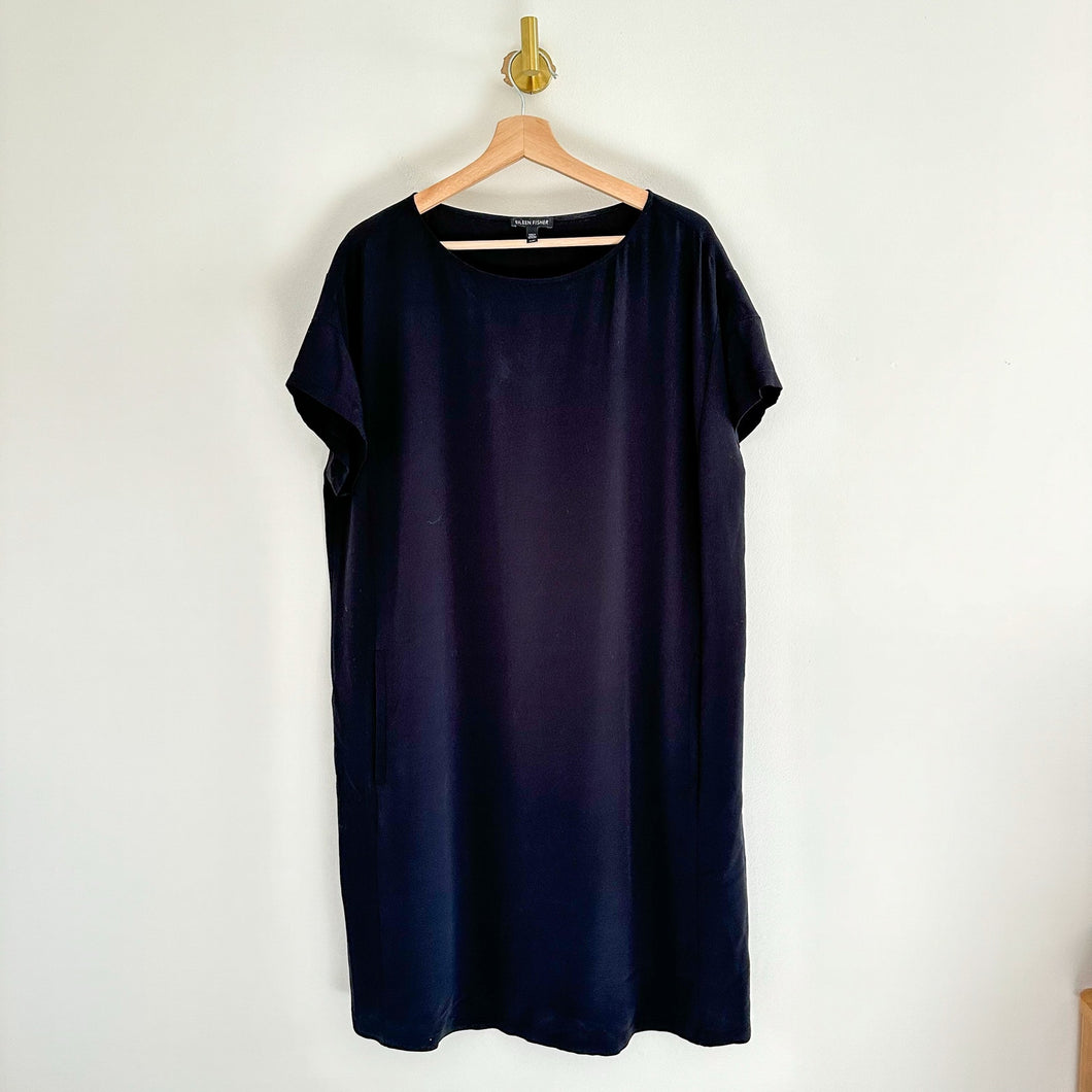 Eileen Fisher Silk Round Neck Short Sleeve Pullover Dress Black M