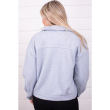 Load image into Gallery viewer, Mystree Fuzzy Soft Button Front Herringbone Shacket Blue S
