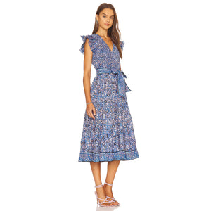 Cleobella Autumn Paisley Print Flutter Sleeve Smocked Midi Dress Blue L