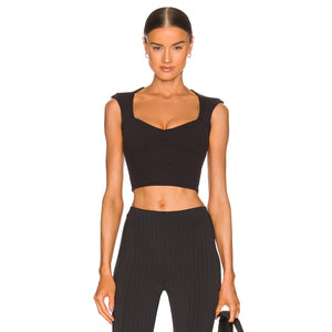 Alo Ribbed Sweetheart Short Sleeve Cropped Top Black M NWT