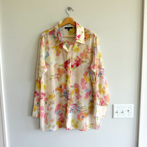 Fore Floral Semi-Sheer Long Sleeve Collared Button Up Shirt Cream Pink M