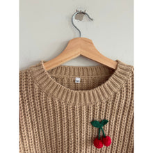 Load image into Gallery viewer, Cherry Embroidered Chunky Knit Crew Neck Pullover Sweater Brown M
