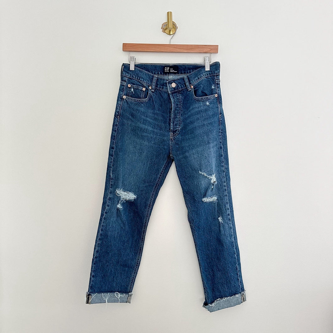 Gap Denim High Rise Cheeky Distressed Button Fly Cuffed Straight Jeans Blue 8