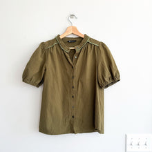 Load image into Gallery viewer, Prettygarden Button Front Puff Sleeve Cotton Casual Blouse Green S
