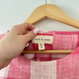 Cloth & Stone Gingham Plaid Print Button Back Long Sleeve Blouse Pink XS