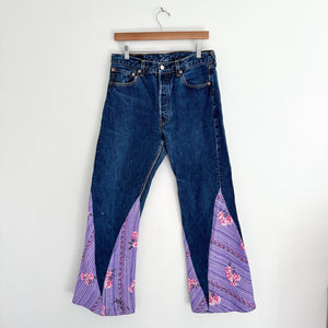 Levi's 501 Floral Patchwork Bell Bottom Flare Denim Jeans Dark Wash