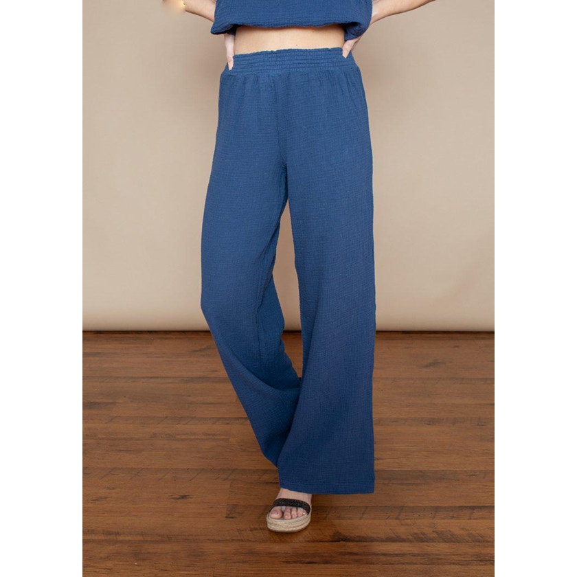 Bobi Beach Coast High Rise Pull On Smocked Waist Cotton Wide Leg Pants Blue L