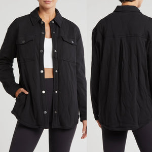 Spiritual Gangster Wave Quilted Snap Front Long Sleeve Shacket Black M