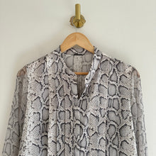 Load image into Gallery viewer, Elie Tahari Silk Terri Snake Print Pleated Button Up Shirt Gray M
