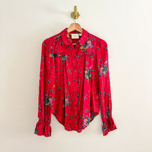Load image into Gallery viewer, Anthropologie Maeve Fredericka Bird Floral Print Ruffle Button Up Shirt Red 0
