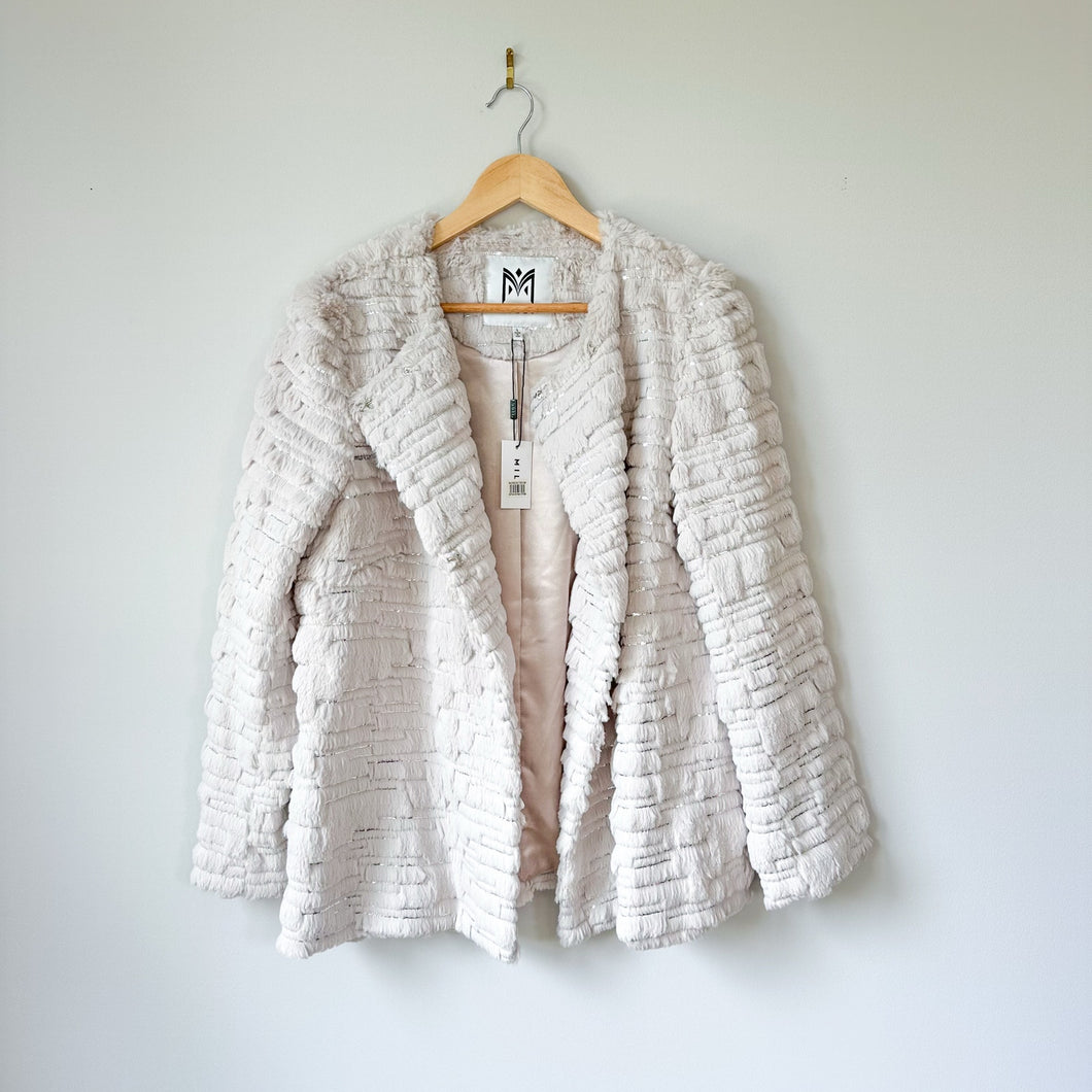 MILLY Sequin Fur Open-Front Long Sleeve Jacket Beige L NWT