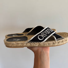 Load image into Gallery viewer, Off-White Logo Criss Cross Canvas Strap Espadrille Slide Sandals Black 9
