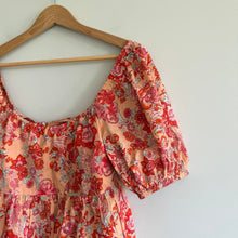 Load image into Gallery viewer, THML Floral Print Tie Open Back Puff Sleeve Peplum Blouse Orange Pink L
