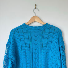 Load image into Gallery viewer, Filly Flair Lace Bell Sleeve Crew Neck Pullover Sweater Blue S
