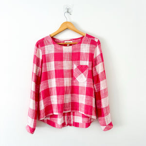 Cloth & Stone Gingham Plaid Print Button Back Long Sleeve Blouse Pink XS