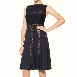 Tadashi Shoji Bateau Pintuck Jersey Lace Sleeveless Dress Black M