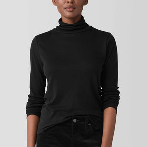 Eileen Fisher Ribbed Stretch Long Sleeve Turtleneck Top Black L