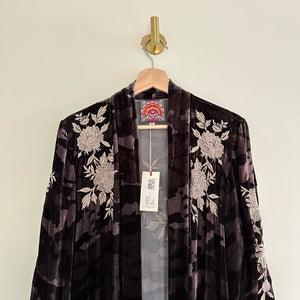 NWT Johnny Was Santal Velvet Embroidered Floral Print Kimono Coat Black M