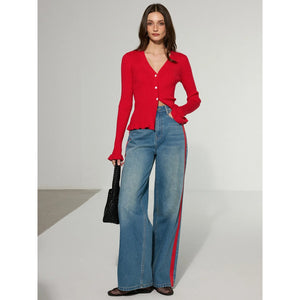 Commense Contrast Side Striped High Rise Denim Wide Leg Jeans Blue L NWT