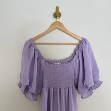 Load image into Gallery viewer, &amp;Merci Tiered Smocked Short Sleeve  Square Neck Midi Dress Purple S
