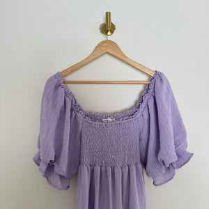 &Merci Tiered Smocked Short Sleeve  Square Neck Midi Dress Purple S