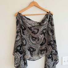 Load image into Gallery viewer, Maruca Novelo Silk Paisley Asymmetrical Shrug Gray Black NWT
