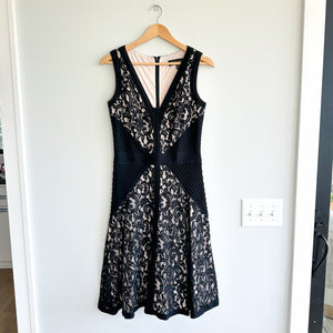 Tadashi Shoji Stretch Lace Jersey Fit & Flare V-Neck Dress Nude Black 8