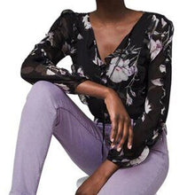 Load image into Gallery viewer, White House Black Market Silk New Romance Floral Sheer Sleeve Ruffle Blouse
