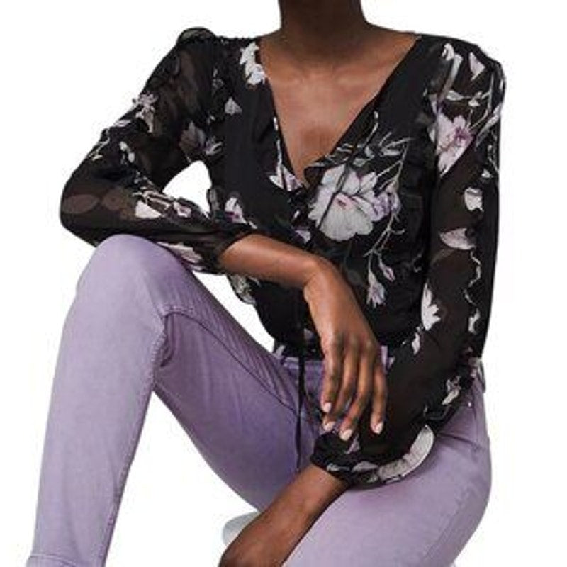 White House Black Market Silk New Romance Floral Sheer Sleeve Ruffle Blouse