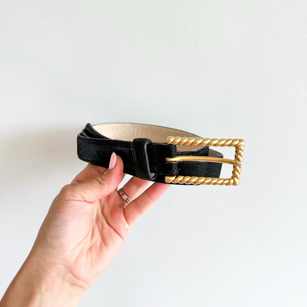 Vintage AVIGNON Gold Buckle Black Genuine Leather Belt L