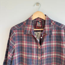 Load image into Gallery viewer, Johnny Was Silk Blend Plaid Floral Button Front Shirt Dress Blue/Red M

