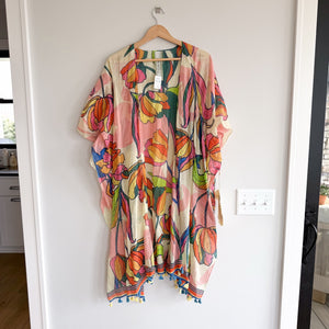 Aratta Silent Journery Floral Beaded Tassel Fringe Hem Kimono Top Pink OS NWT