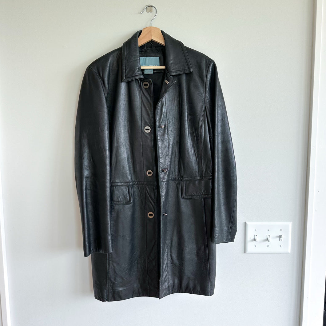 Nine West Genuine Leather Button Front Long Collared Trench Coat Black M