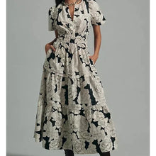Load image into Gallery viewer, Anthropologie Somerset Tiered Floral Pattern Maxi Dress Black White M
