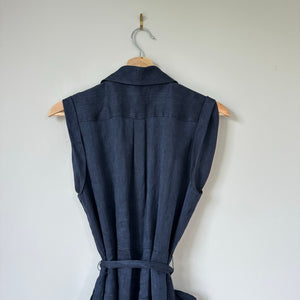 Classiques Entier Linen Blend Sleeveless Wrap Belted Dress Navy 10