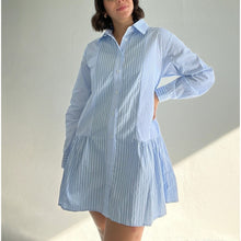 Load image into Gallery viewer, Lalavon Striped Long Sleeve Button Front Mini Shirt Dress Blue L
