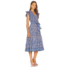 Load image into Gallery viewer, Cleobella Autumn Paisley Print Flutter Sleeve Smocked Midi Dress Blue L
