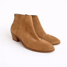 Load image into Gallery viewer, Thursday Suede Handcrafted Side Zip Heeled Ankle Bootie Brown 9.5
