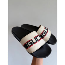 Load image into Gallery viewer, Gucci Stripe Designer Slip On Rubber Slide Sandals + Dustbags Ecru 6.5
